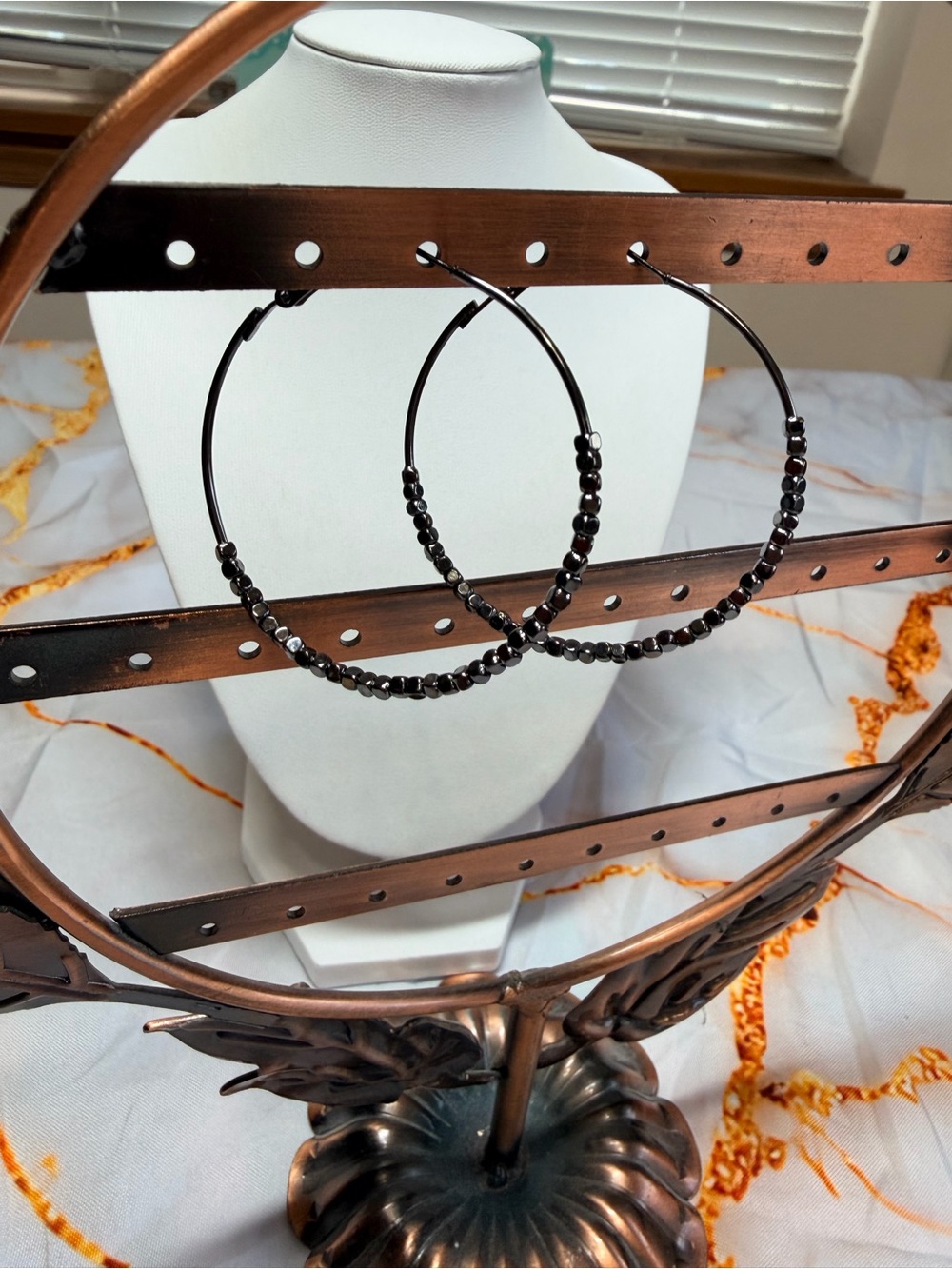 Vintage Black/silver beaded hoop earrings